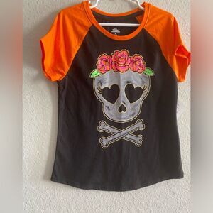 Halloween Girls Floral Skull Black Orange Raglan Short Sleeve t-shirt Medium 7-8